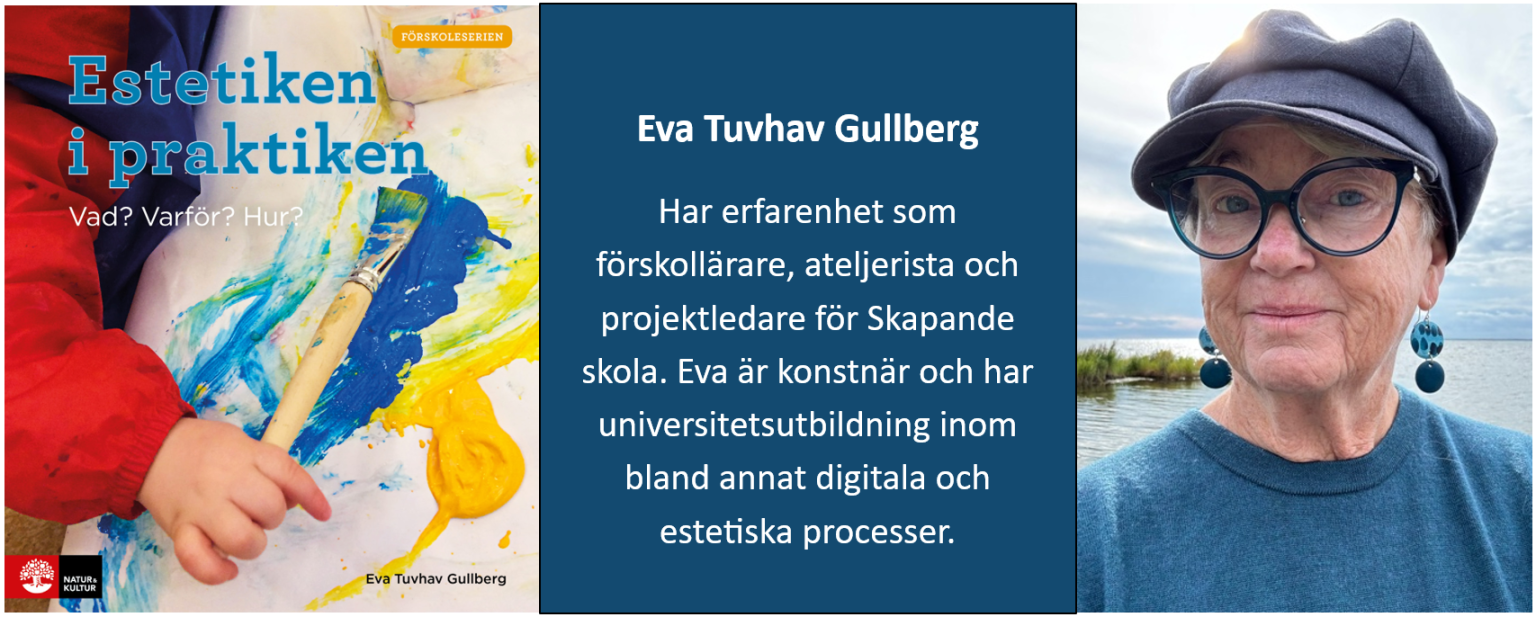 Affisch med omslaget till boken "Estetiken i praktiken" och ett porträtt av Eva Tuvhav Gullberg.